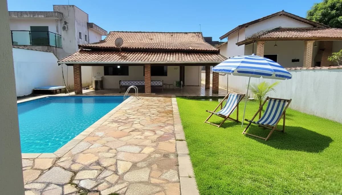 Piscina privativa com espreguiçadeiras na Casa Boracéia, Bertioga